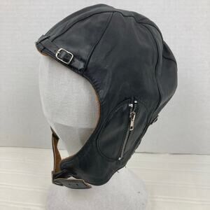 Aviator Helmet Hat M Black Soft Leather Zip Pockets Buckle Strap Steampunk Biker